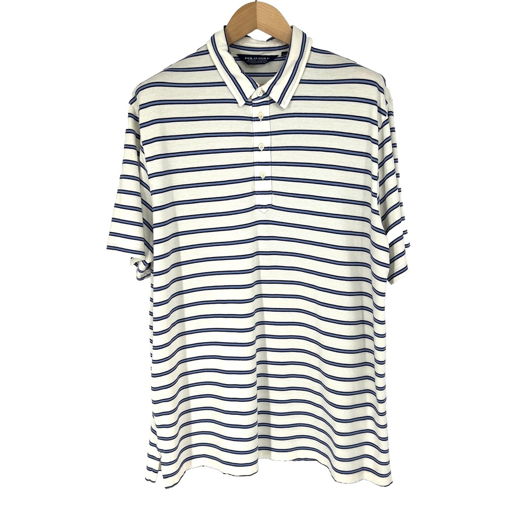 Polo Ralph Lauren Golf Polo Shirt Size XL White Blue Striped Pique‎ Pima Cotton